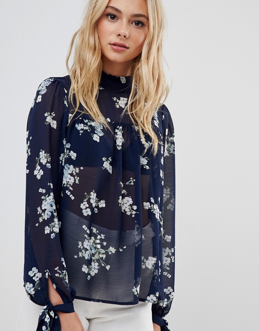 Urban Bliss floral blouse with tie neck - Navy
