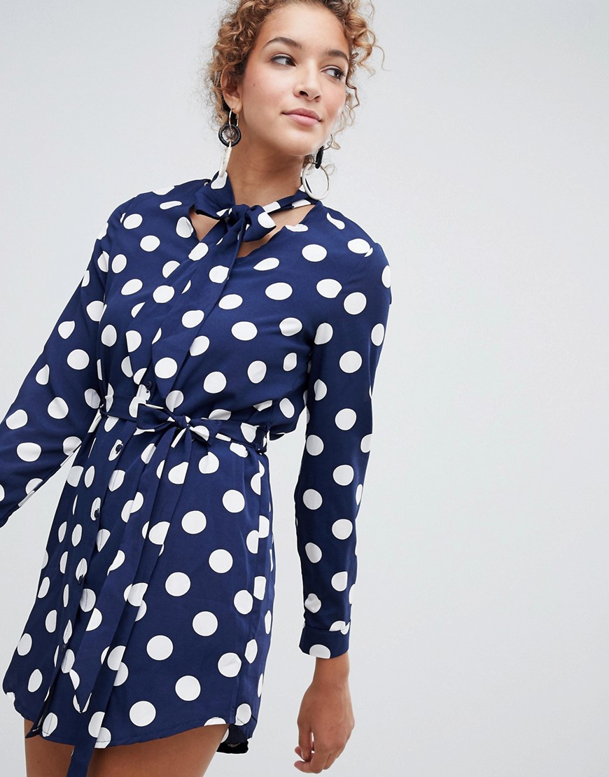 Parisian polka dot shirt dress with tie waist and pussy bow
