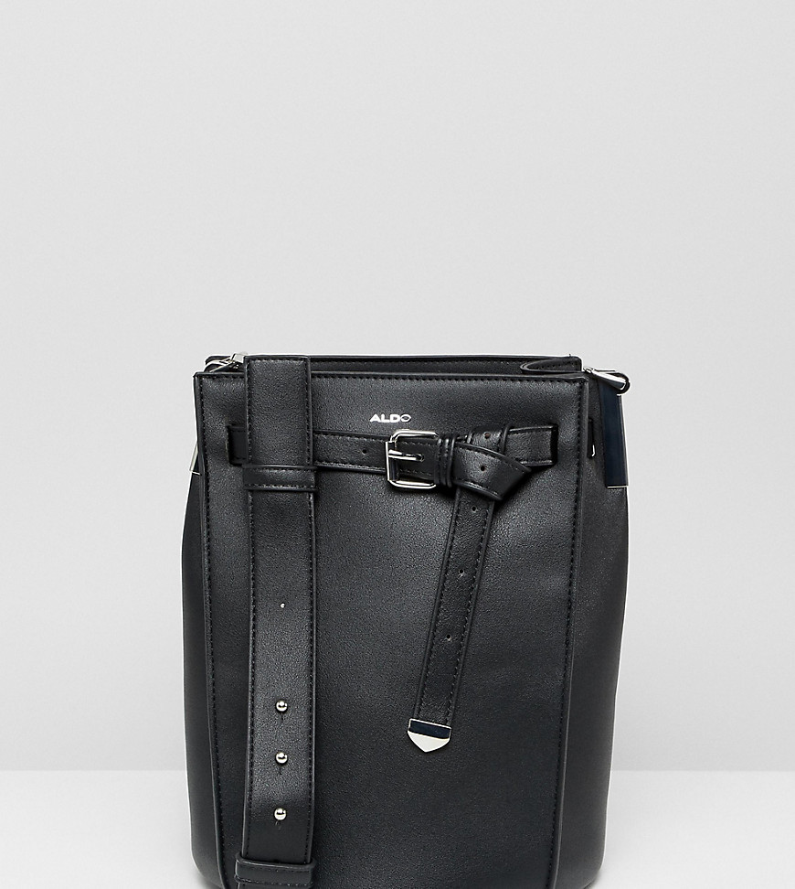 ALDO Veniano black bucket shoulder tote bag with front belt detail