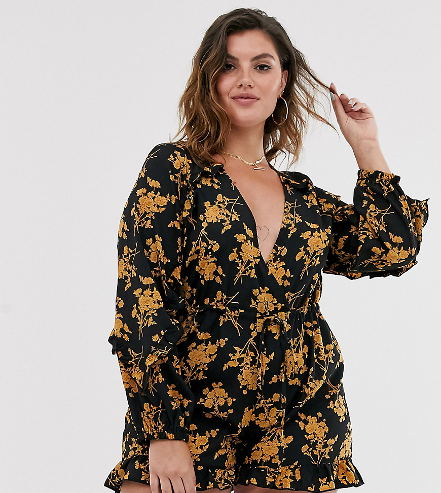 In The Style x Dani Dyer Plus wrap front ruffle playsuit in black floral print
