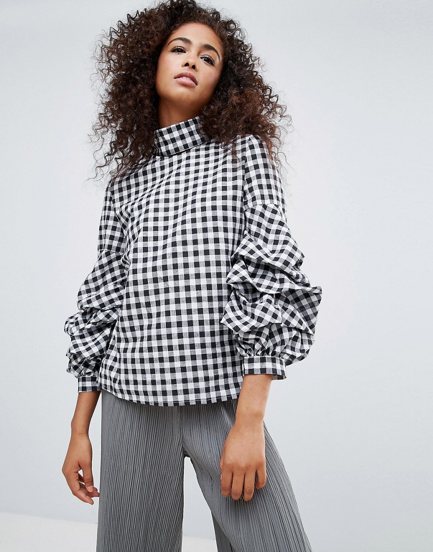 Unique 21 Gingham High Neck Blouse With Frill Detail - Black and white