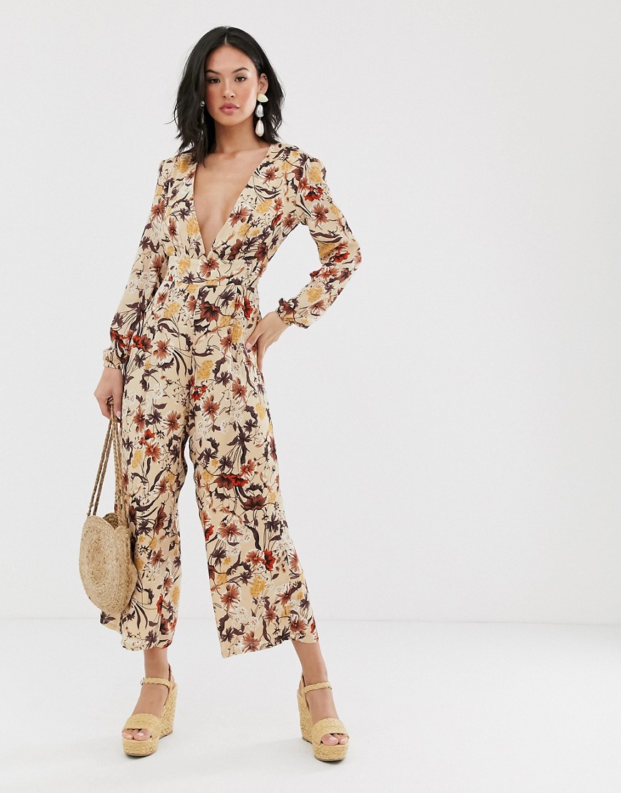 Glamorous wide leg jumpsuit with tie front in autumn floral