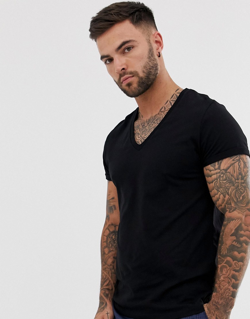 ASOS DESIGN t-shirt with deep v neck and roll sleeve in black