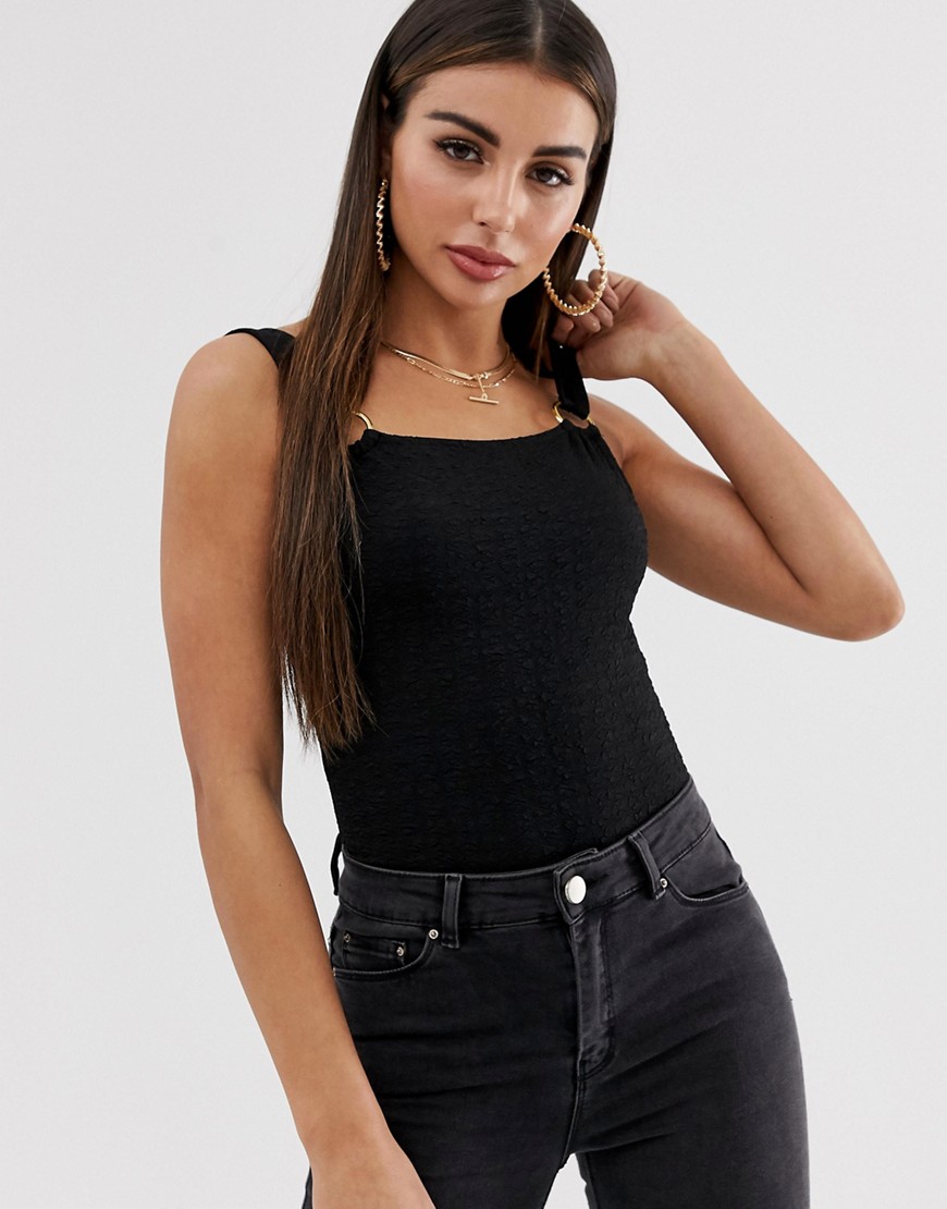 ASOS DESIGN square neck body in crinkle with ring detail