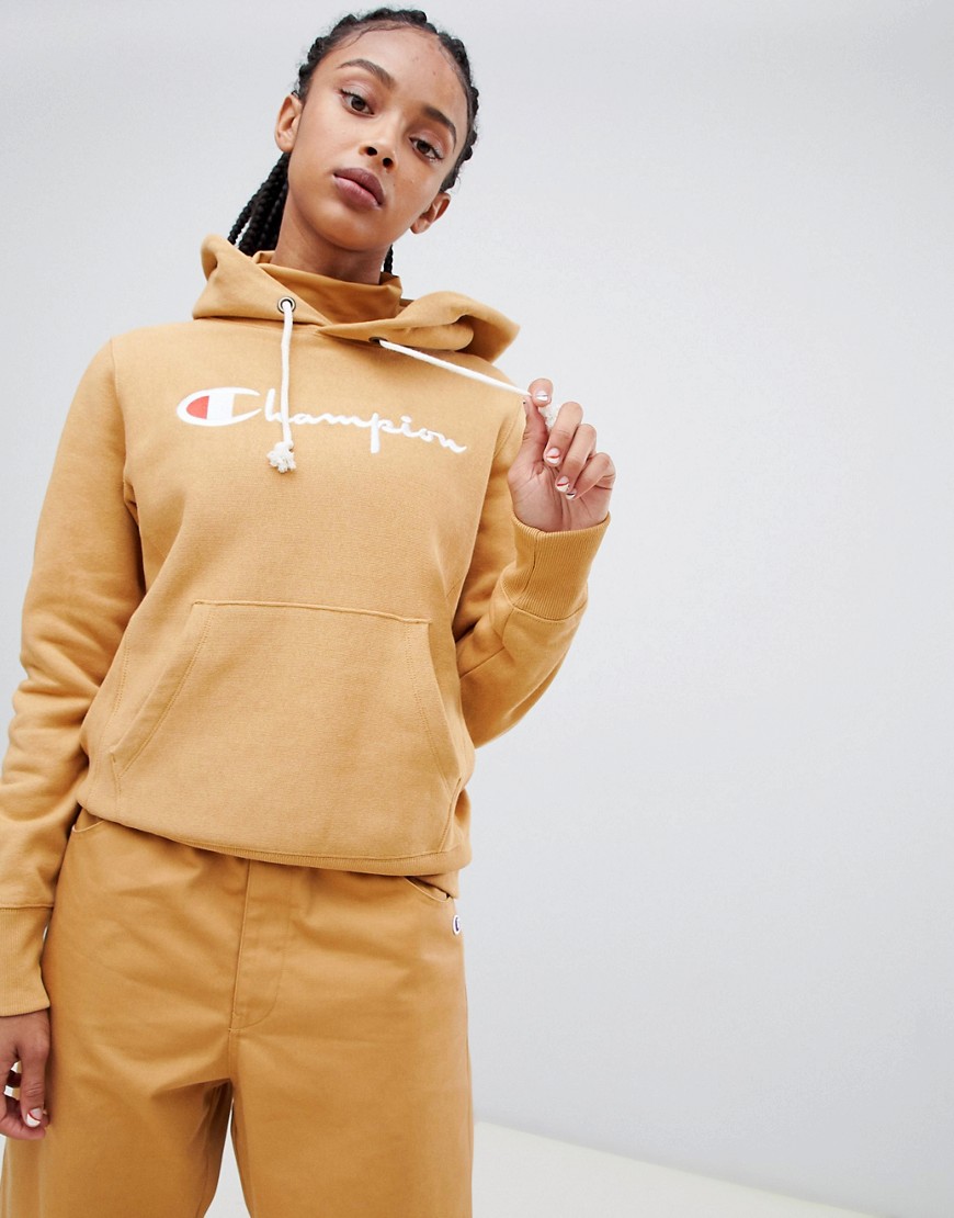 Champion boyfriend hoodie with front script embroidered logo - Tan