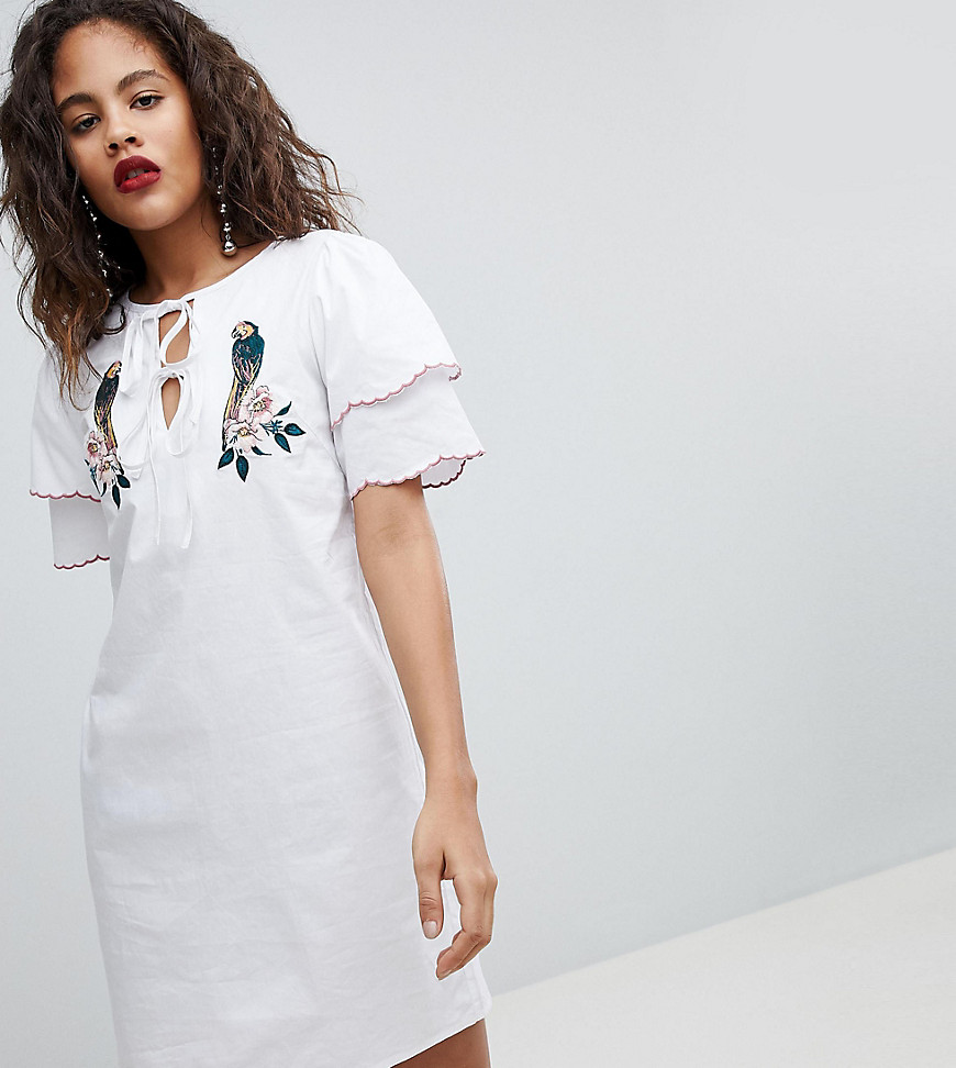 Fashion Union Tall Shift Dress With Ruffle Sleeves And Parrot Embroidery