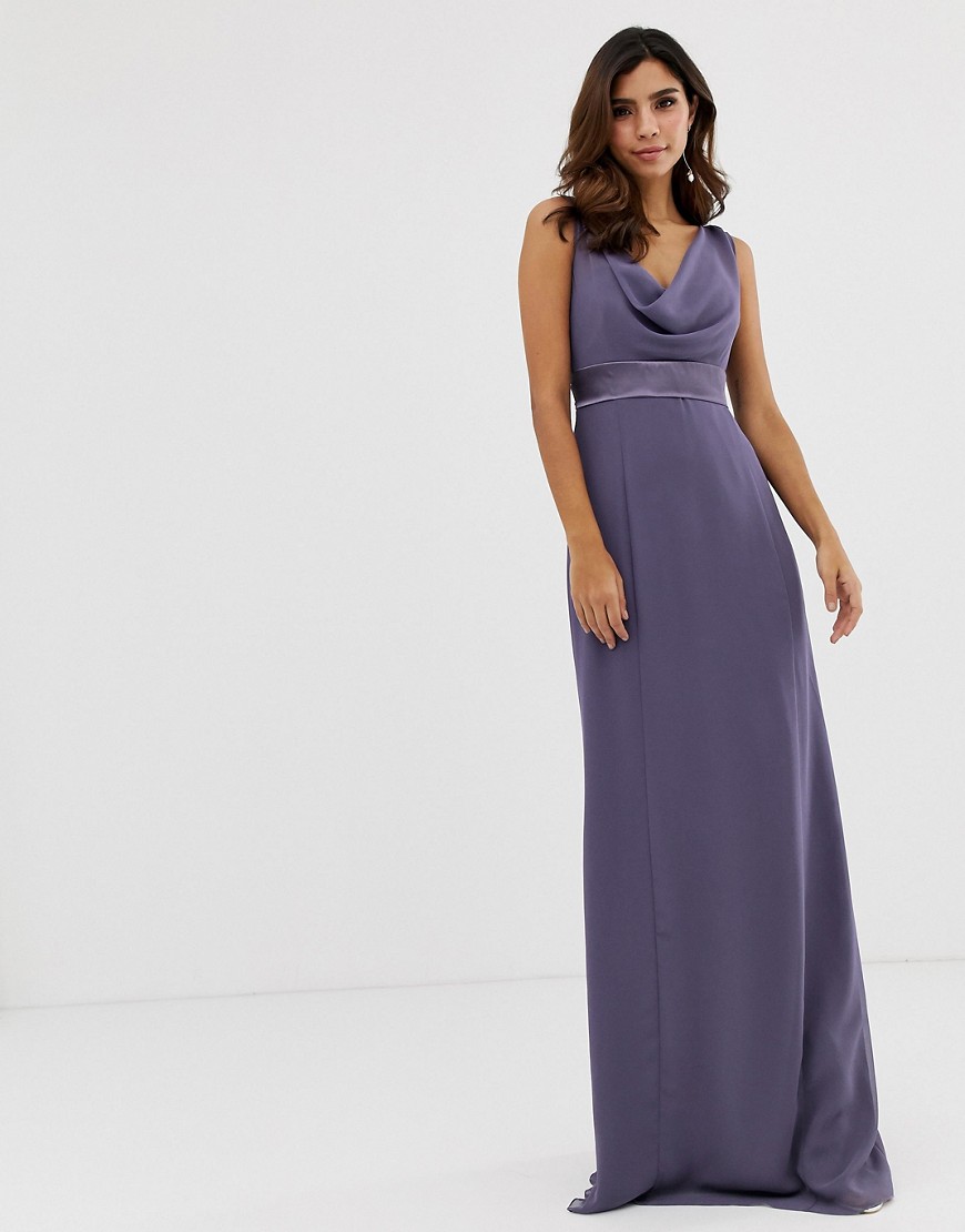 Maids to Measure bridesmaid maxi dress with satin belt and cowl neck