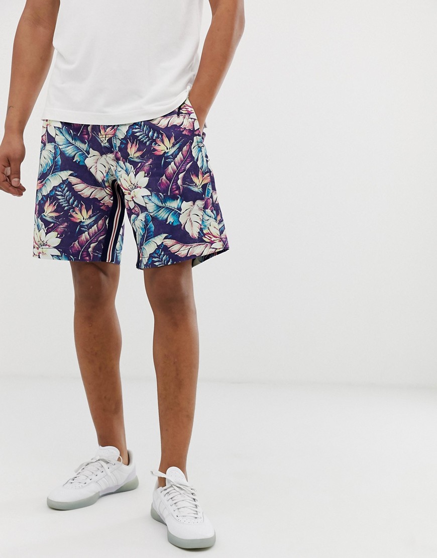 Replay dark hibiscus flower print shorts with sporty stripes