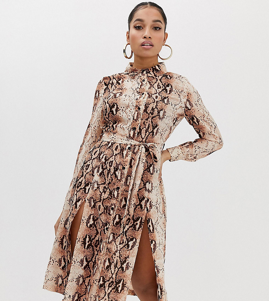 Missguided Petite shirt dress with side splits in snake