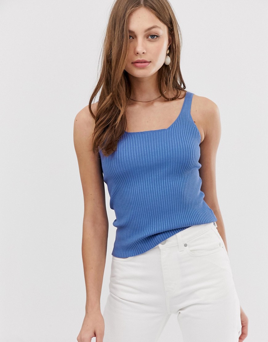 Mango square neck knitted vest top in blue