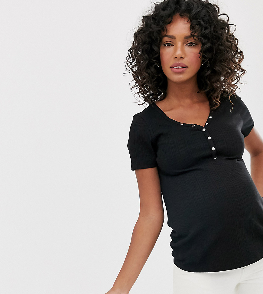 New Look Maternity button through ribbed tee in black