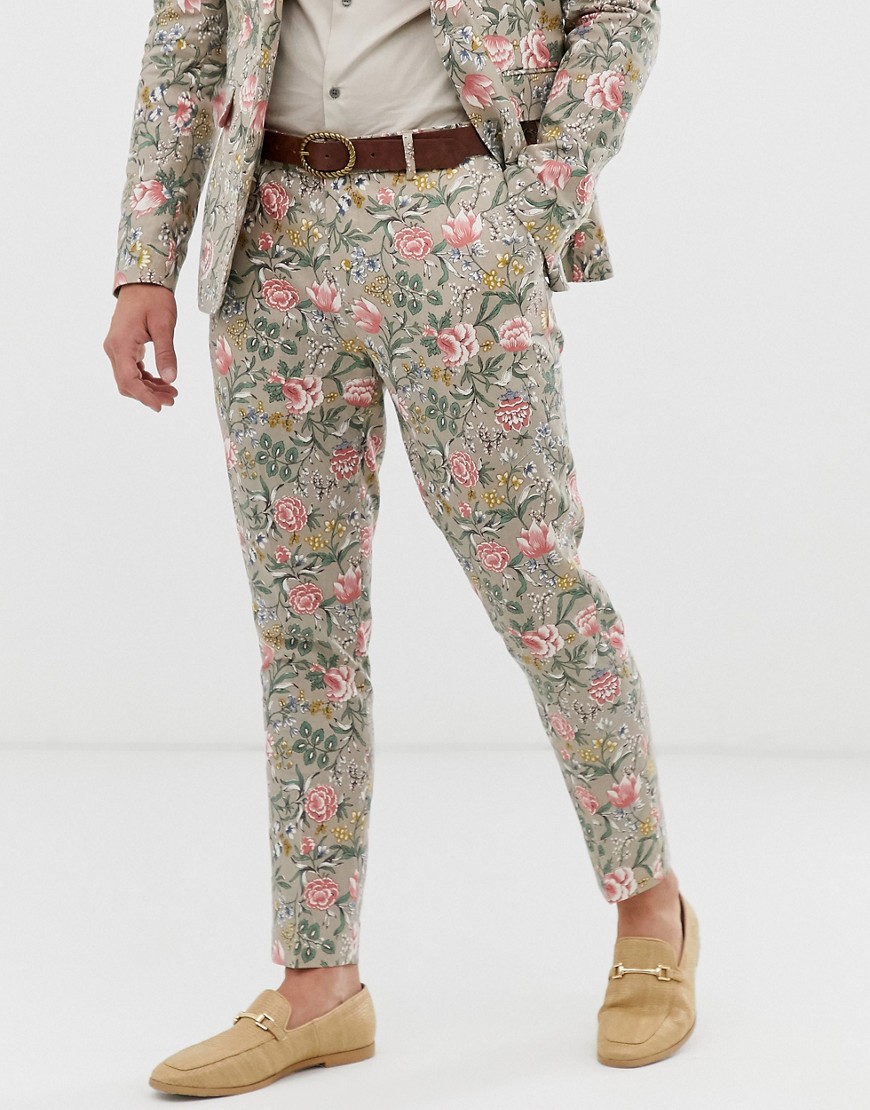 Gianni Feraud Wedding Skinny Fit Linen Blend Floral Suit Trousers