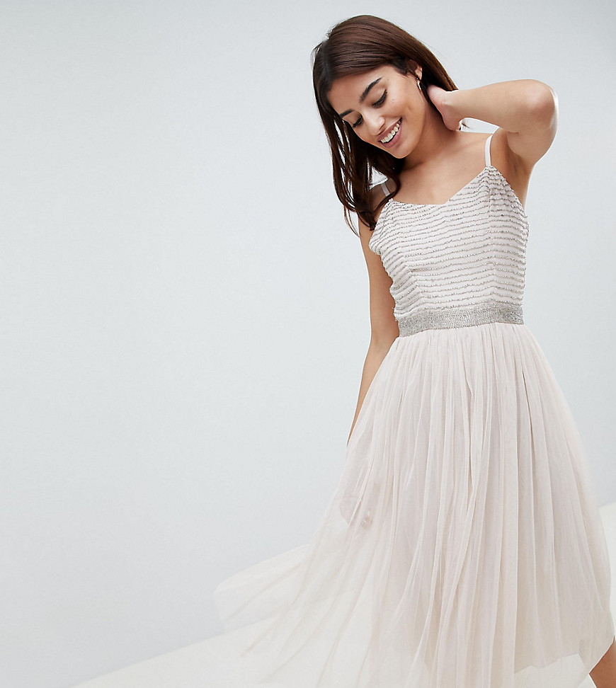 Amelia Rose Midi Cami Strap Dress with Tulle Skirt and Embellished Upper