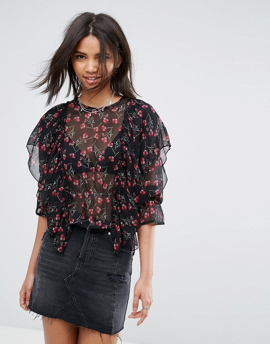 Rage Frilled Long Sleeve Floral Blouse - Print