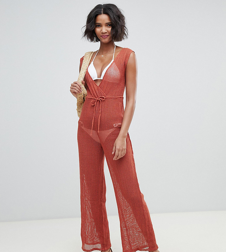 Akasa Exclusive grid mesh beach jumpsuit in spice