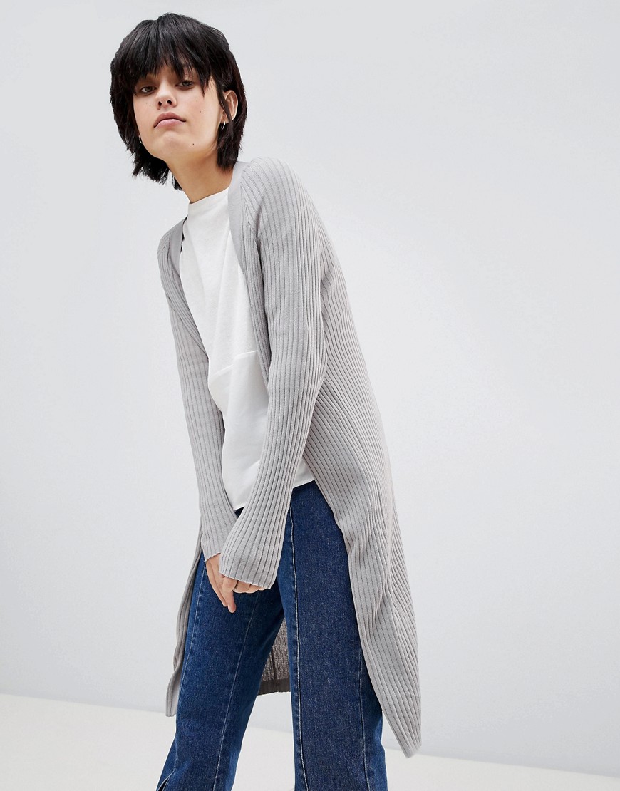 Paisie Fine Knit Ribbed Long Cardigan - Grey