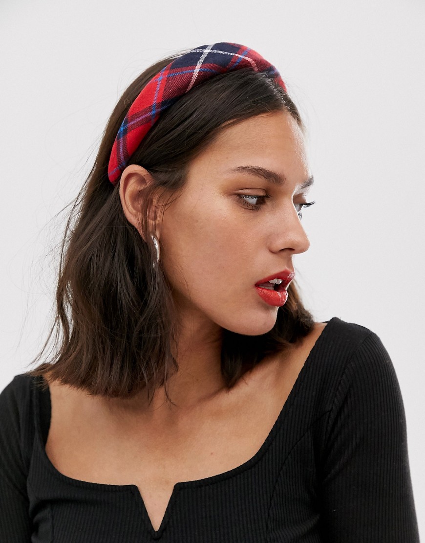 Monki tartan check head band in red