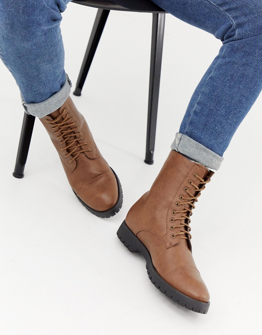 Truffle Collection Borg Lined Lace Up Boots in Tan