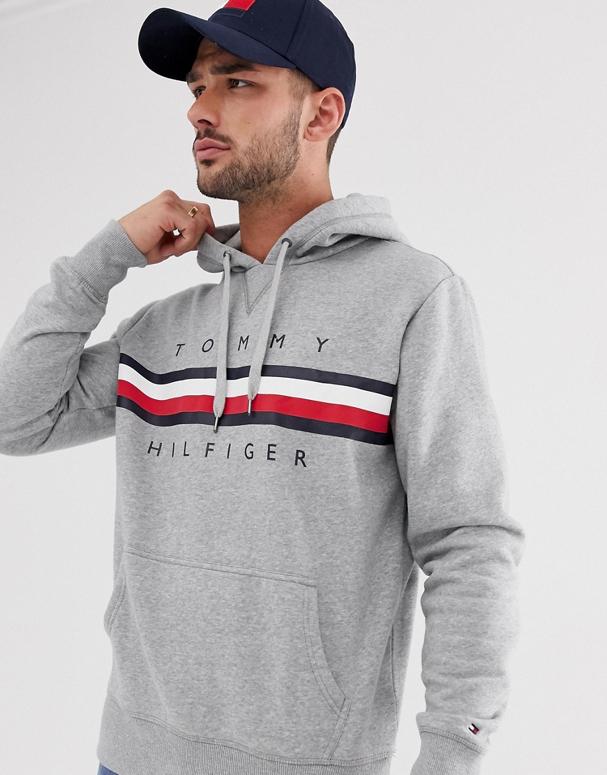 Tommy Hilfiger Icon stripe logo print hoodie in grey marl