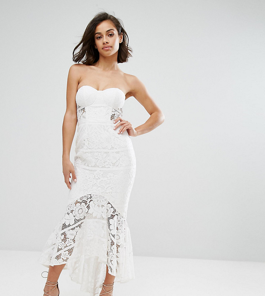 Jarlo Petite Allover Lace Bandeau Midi Dress With Highlow Fishtail