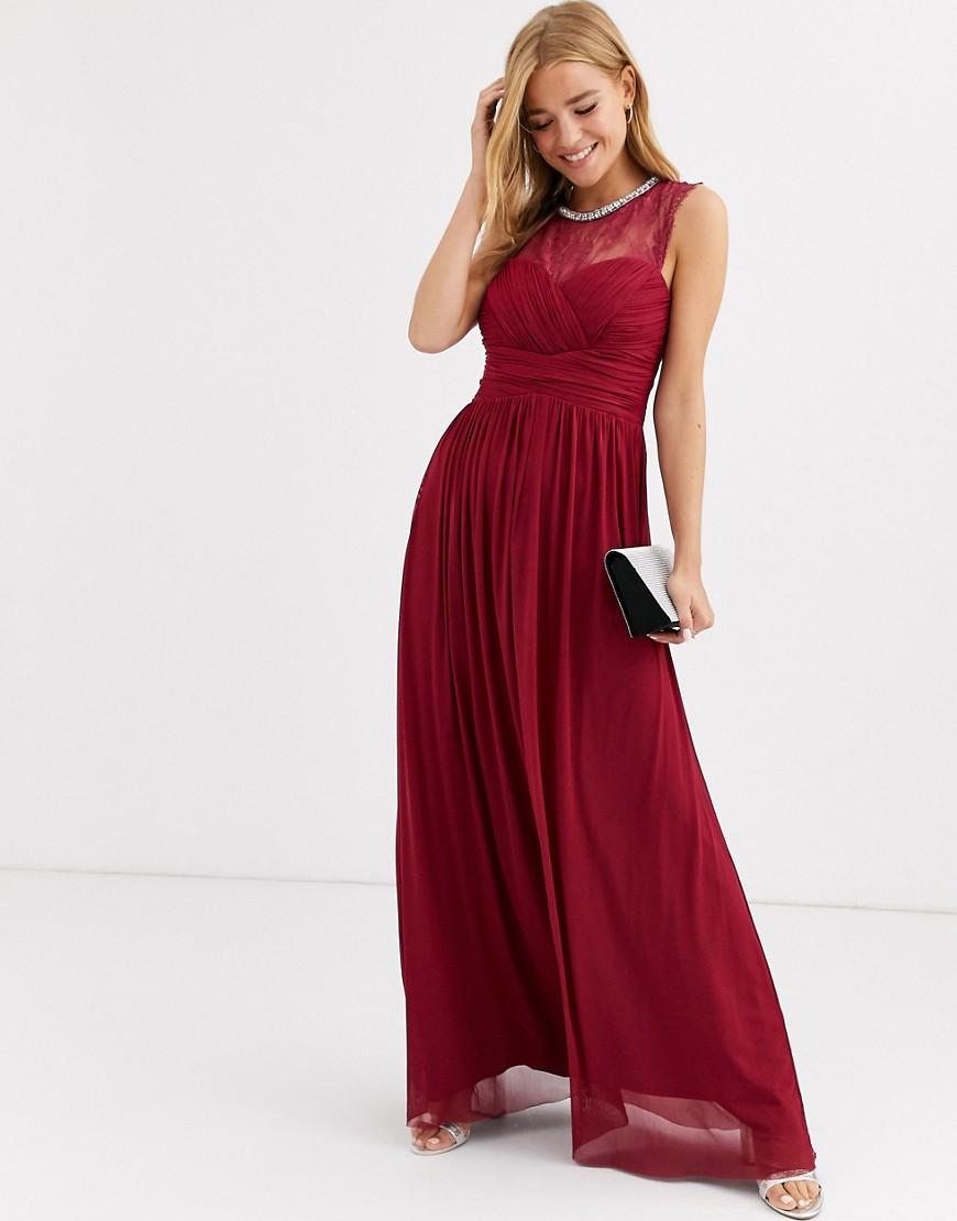 Lipsy ruched maxi dress with lace yolk and embellished neck in berry