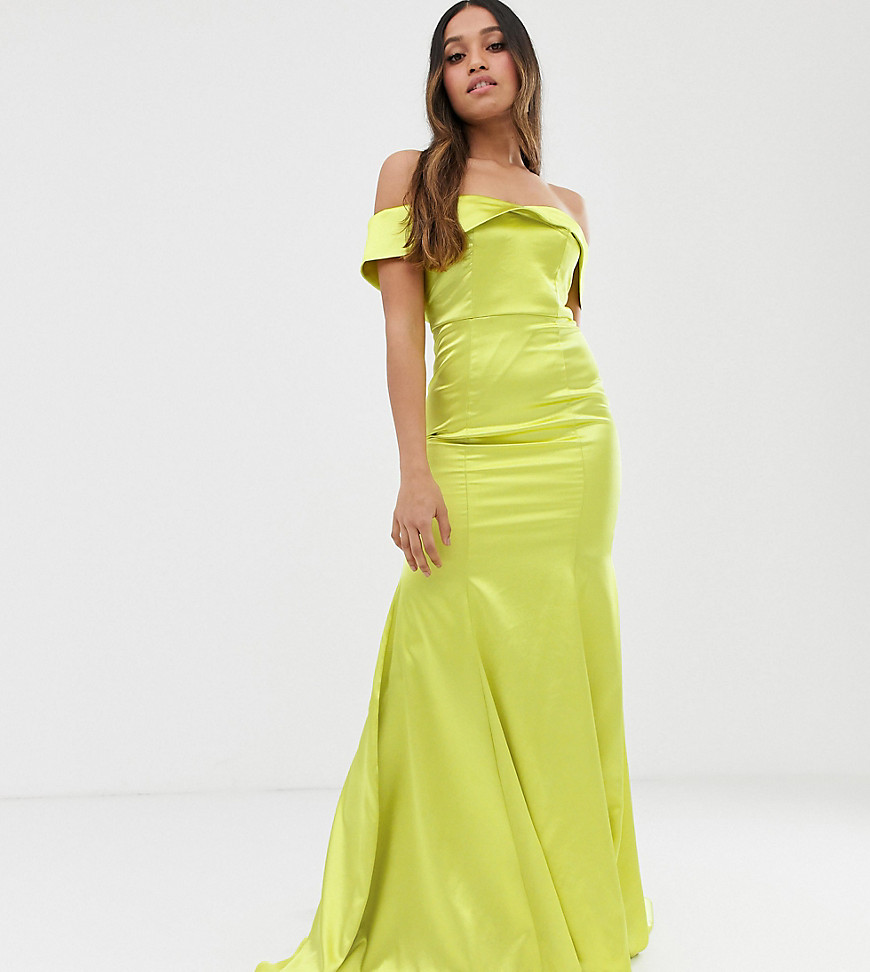 Dolly & Delicious Petite off shoulder fishtail maxi dress in neon lime