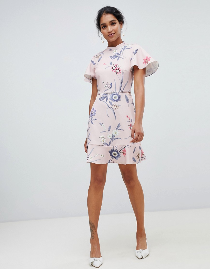 Oasis skater dress with ruffle sleeves in pink floral