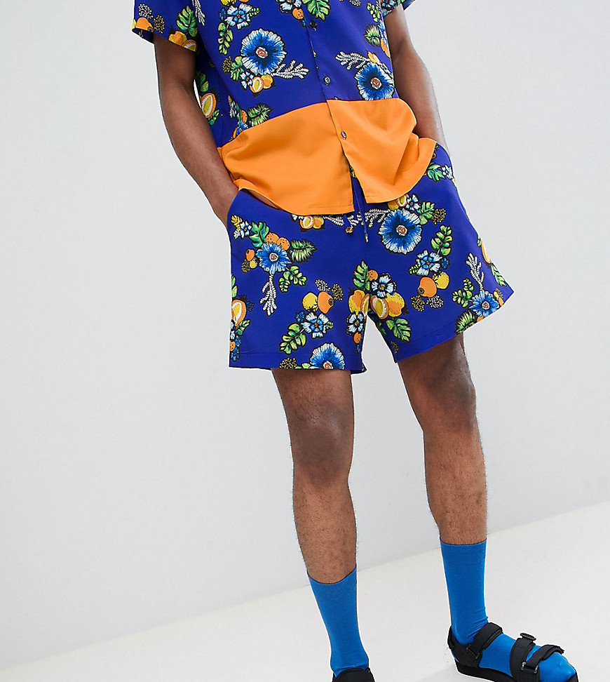 ASOS Made In Kenya x 2ManySiblings Shorts In Blue Tropical Print - Blue