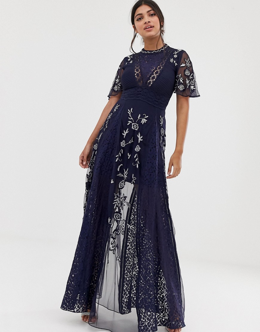 Amelia Rose embroidered lace front maxi dress with panel inserts in navy