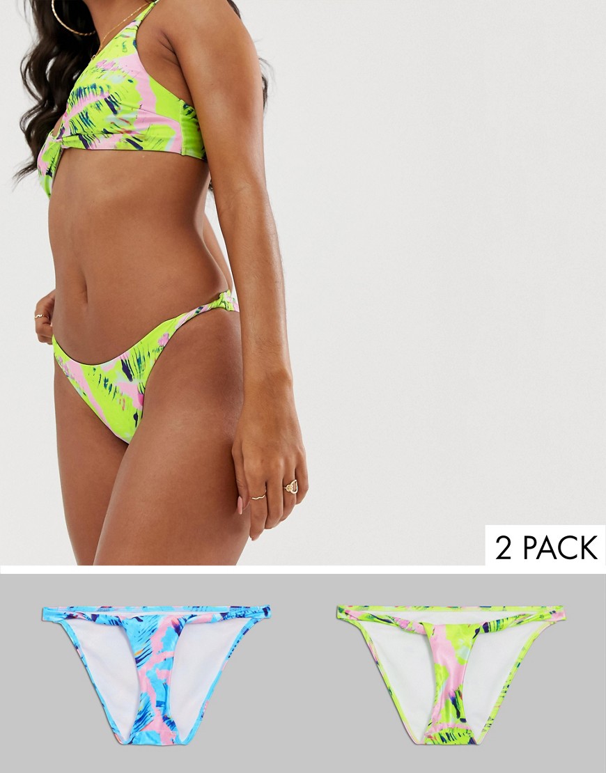 ASOS DESIGN multi pack twist side high leg hipster bikini bottom in lilac and pink neon leaf print