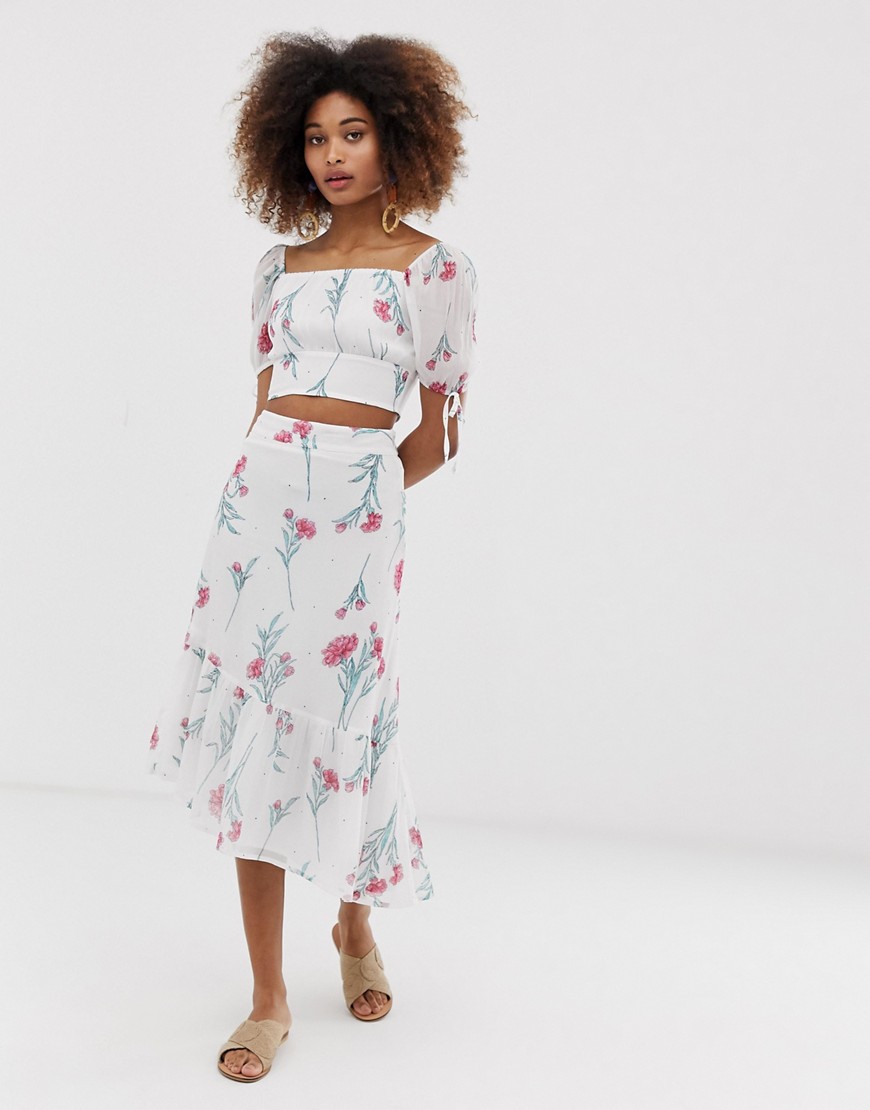 Neon Rose asymmetric midi skirt in vintage floral co-ord