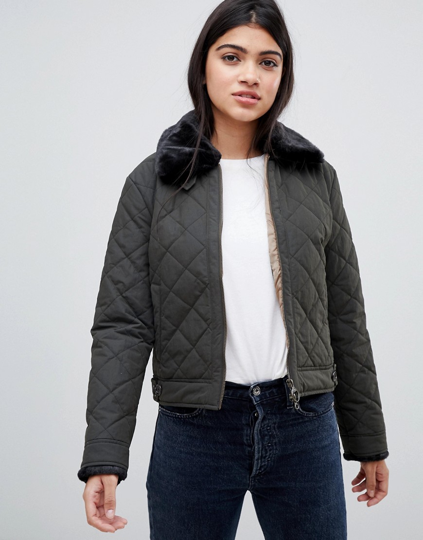 Barbour tetbury cropped quilted jacket with faux fur collar - Sage