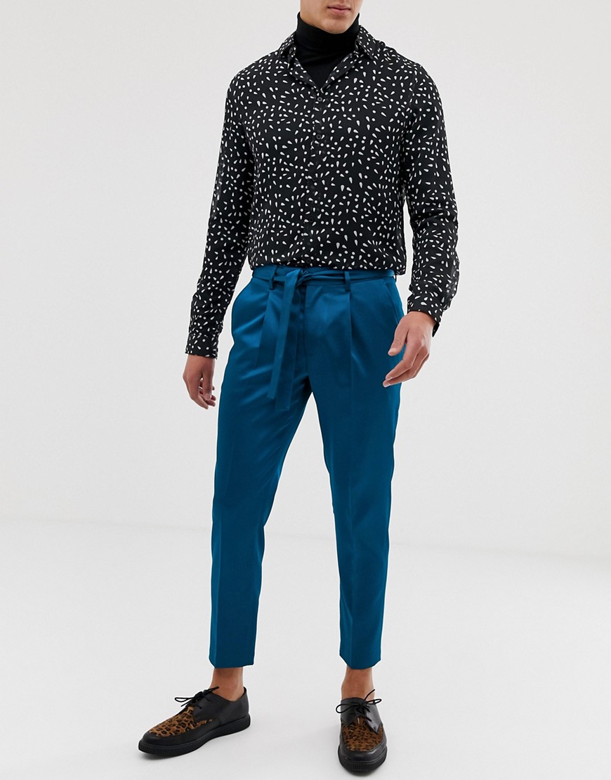 ASOS DESIGN slim crop smart trouser in turquoise high shine with tie waist detail