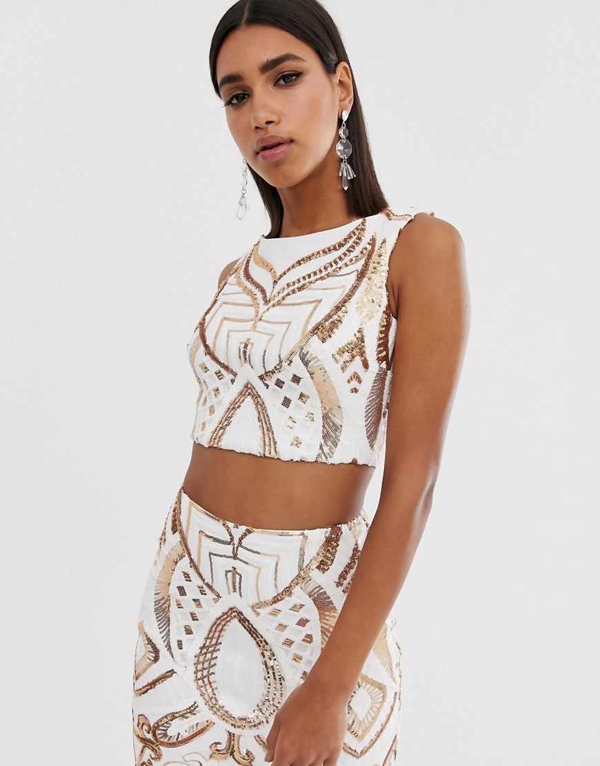 Goddiva high neck placement sequin crop top in white and gold