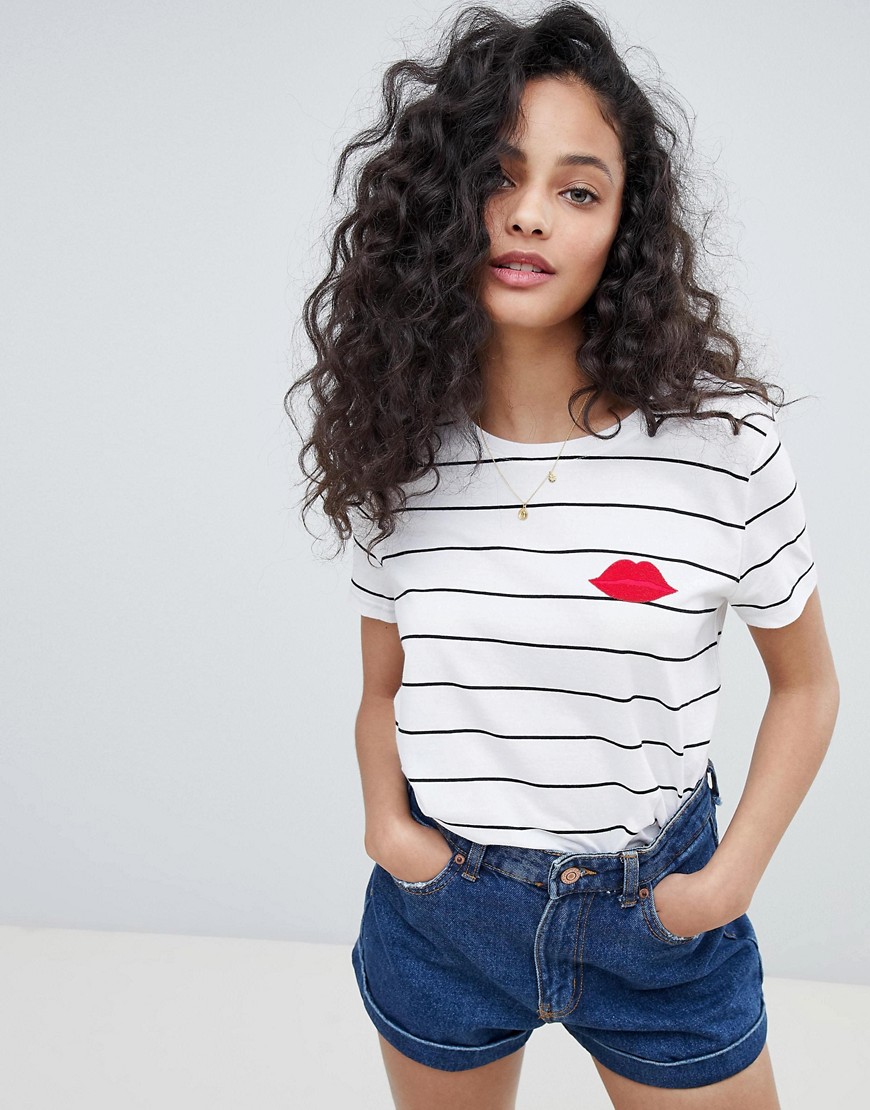 Pimkie Stripe Lips Embroidered T-shirt