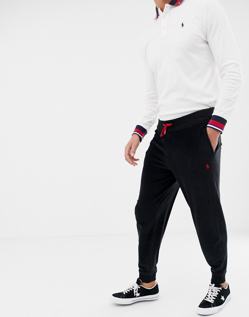 Polo Ralph Lauren velour cuffed joggers with player logo in black