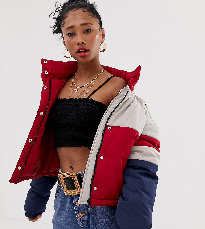 Reclaimed Vintage inspired cropped puffer jacket in colour block