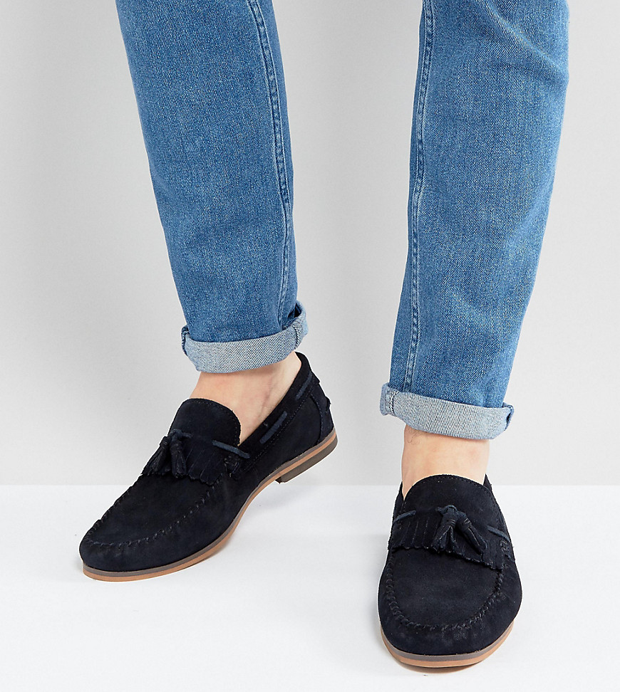 ASOS Wide Fit Tassel Loafers In Navy Suede With Fringe And Natural Sole - Navy
