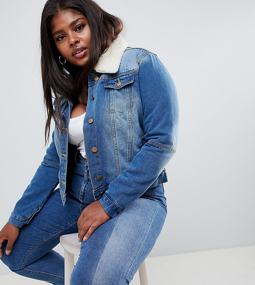 Brave Soul Plus denim jacket with faux shearling collar - Mid blue