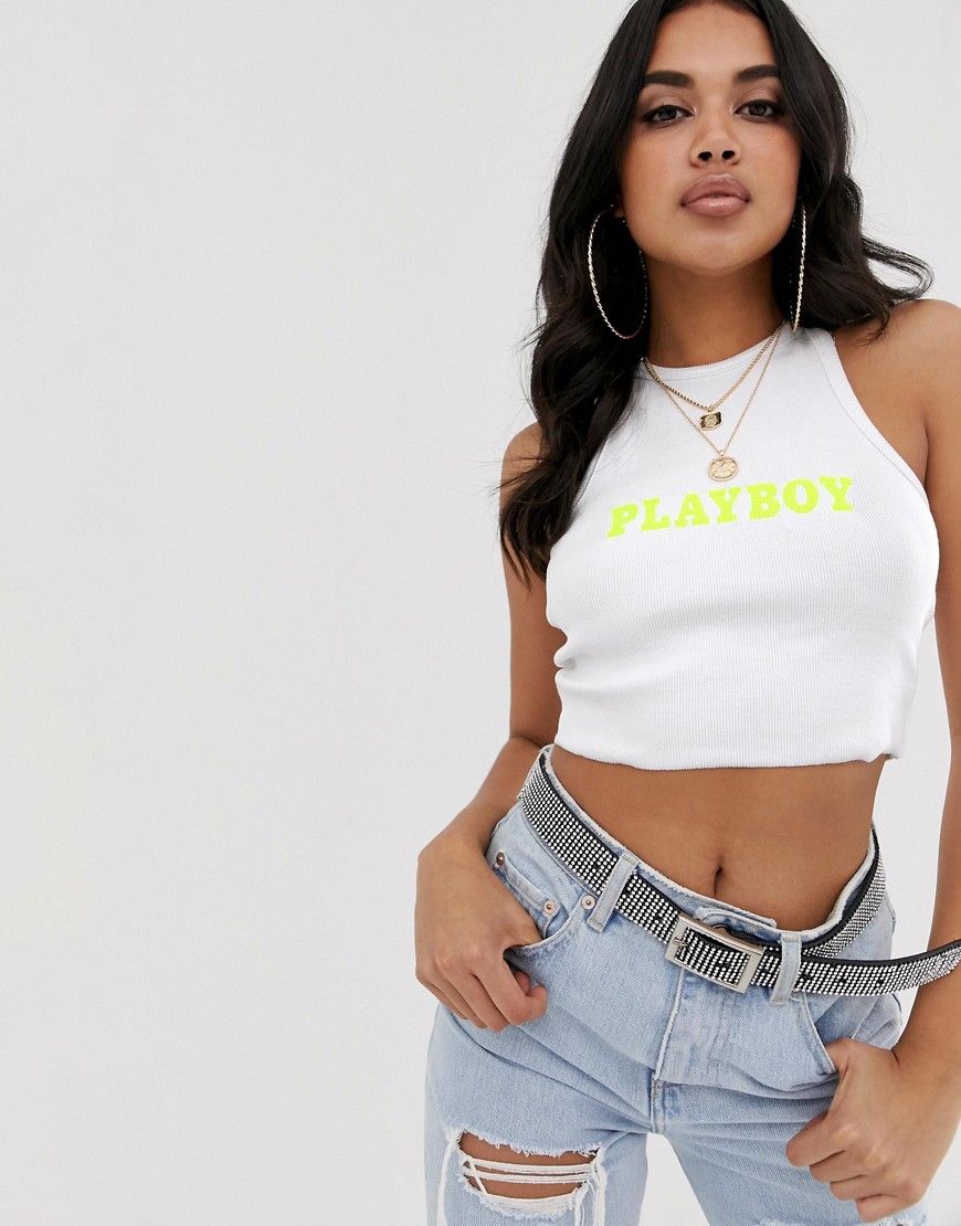 Missguided Playboy slogan crop top with racer front
