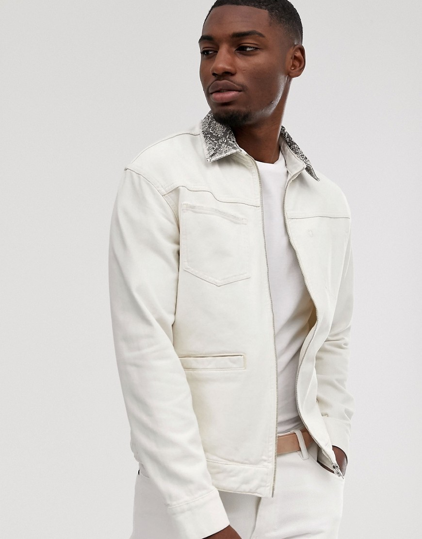 Jack & Jones Premium snake print collar jacket in white