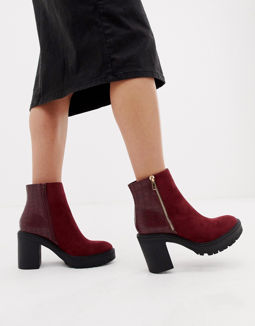 New Look mixed material chunky heeled boot in red