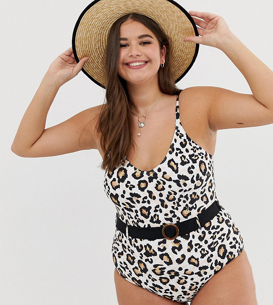 New Look Curve belted swimsuit in animal print