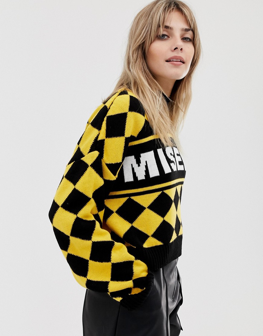The Ragged Priest cropped knitted jumper with diamond design and slogan