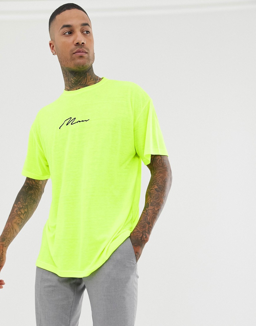 boohooMAN oversized t-shirt with man embroidery in neon yellow
