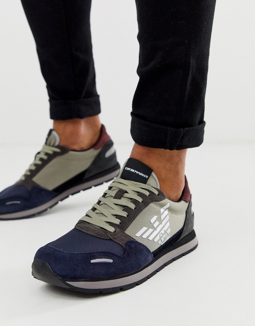 Emporio Armani logo trainers with reflective detail in navy and grey
