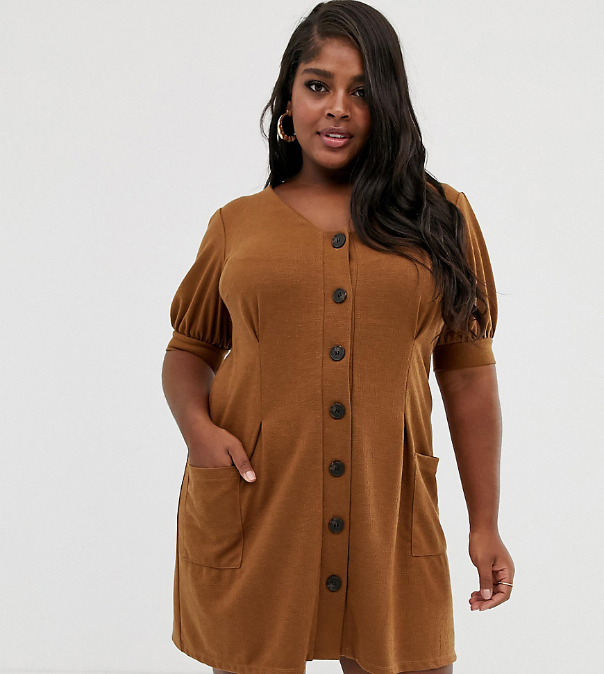ASOS DESIGN Curve puff sleeve textured dress with faux horn buttons