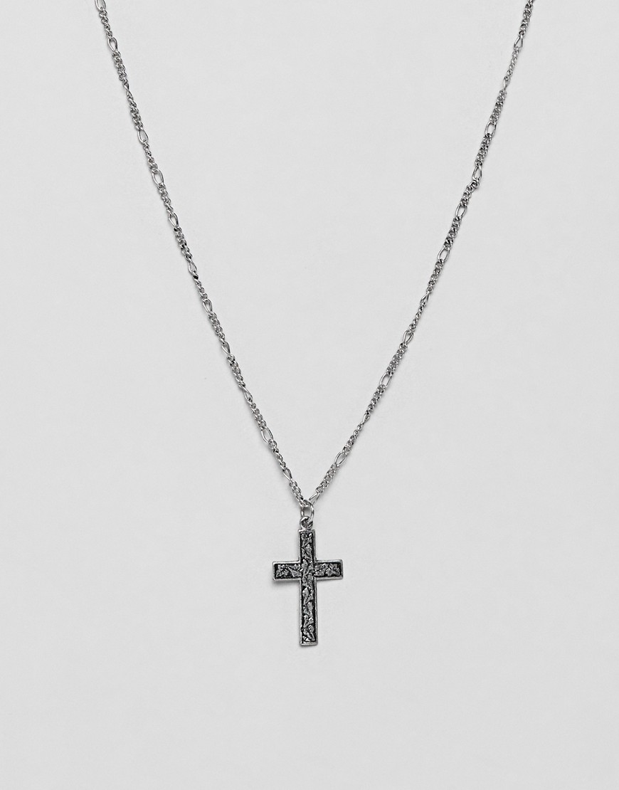 Asos Design Necklace With Embossed Cross In Burnished Silver Tone - Silver