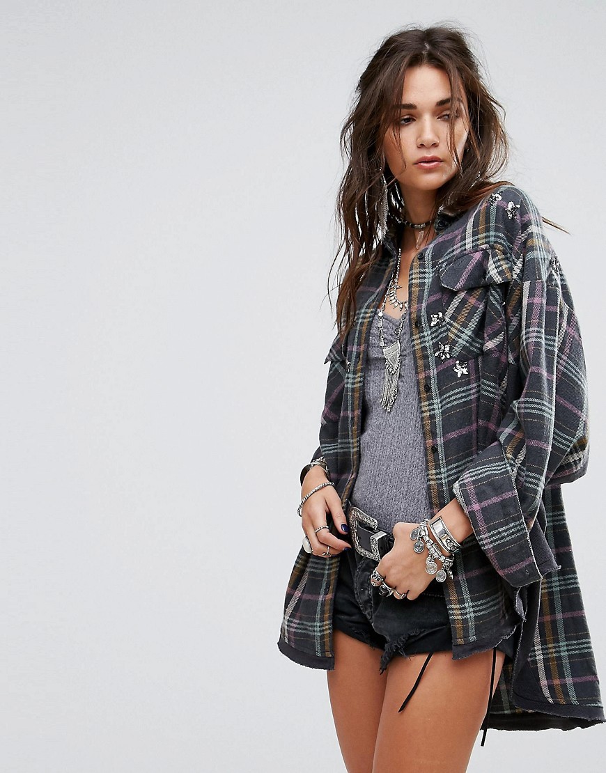 Free People Constellations Within Buttondown Plaid Jacket - Black
