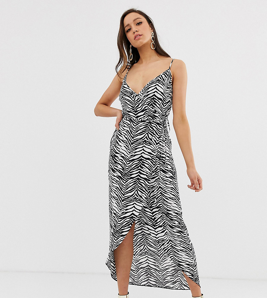 ASOS DESIGN Tall cami wrap maxi dress in mono zebra print